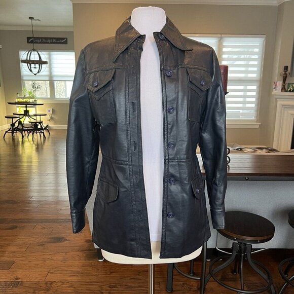 VTG 60's Penney's International Imports Vegan Leather Jacket Navy Blue Size 14 S - Picture 1 of 12